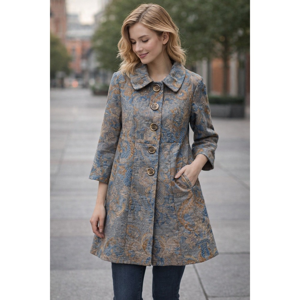 Classic Elegant Blue Brown Floral Tapestry Brocade Button Front Peacoat  Size 10